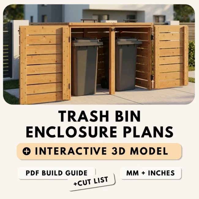Finished wooden two-bin trash can enclosure with front doors and hinged lids