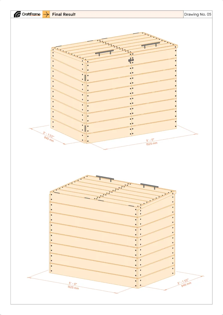 Finished dimensions of a wooden two-bin trash can enclosure