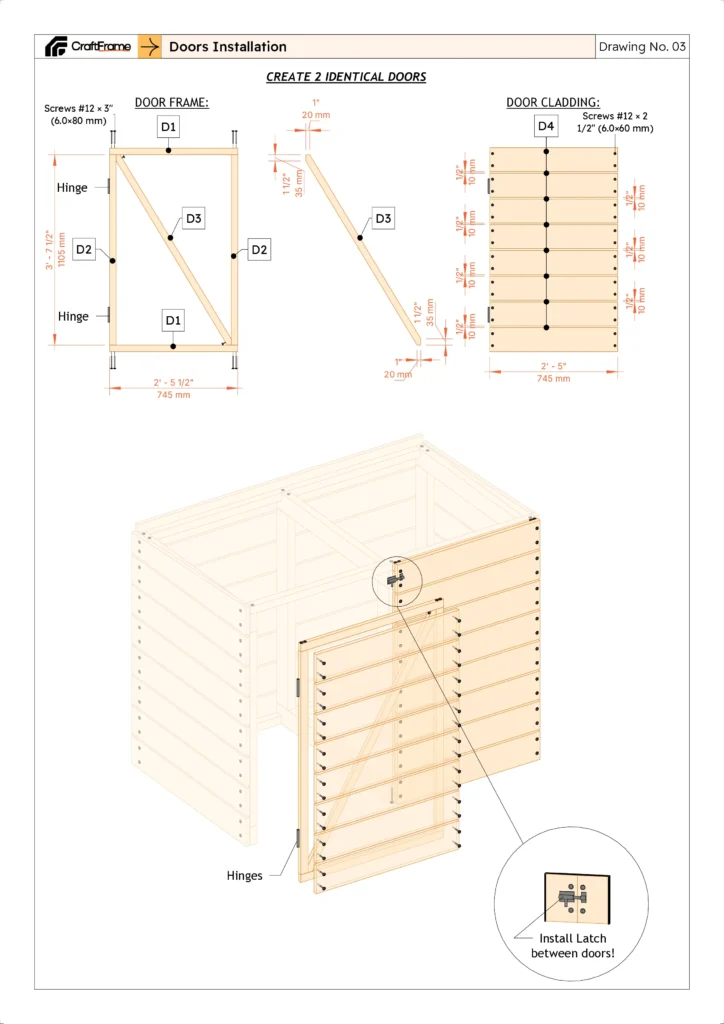 Double door frame and cladding plans for a trash can enclosure