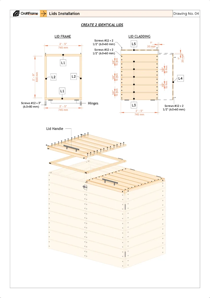 Hinged lid frame and cladding plans for a two-bin trash can enclosure