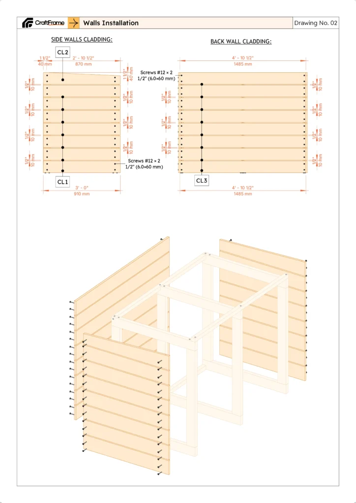 Side and back wall cladding dimensions for a wooden trash can enclosure