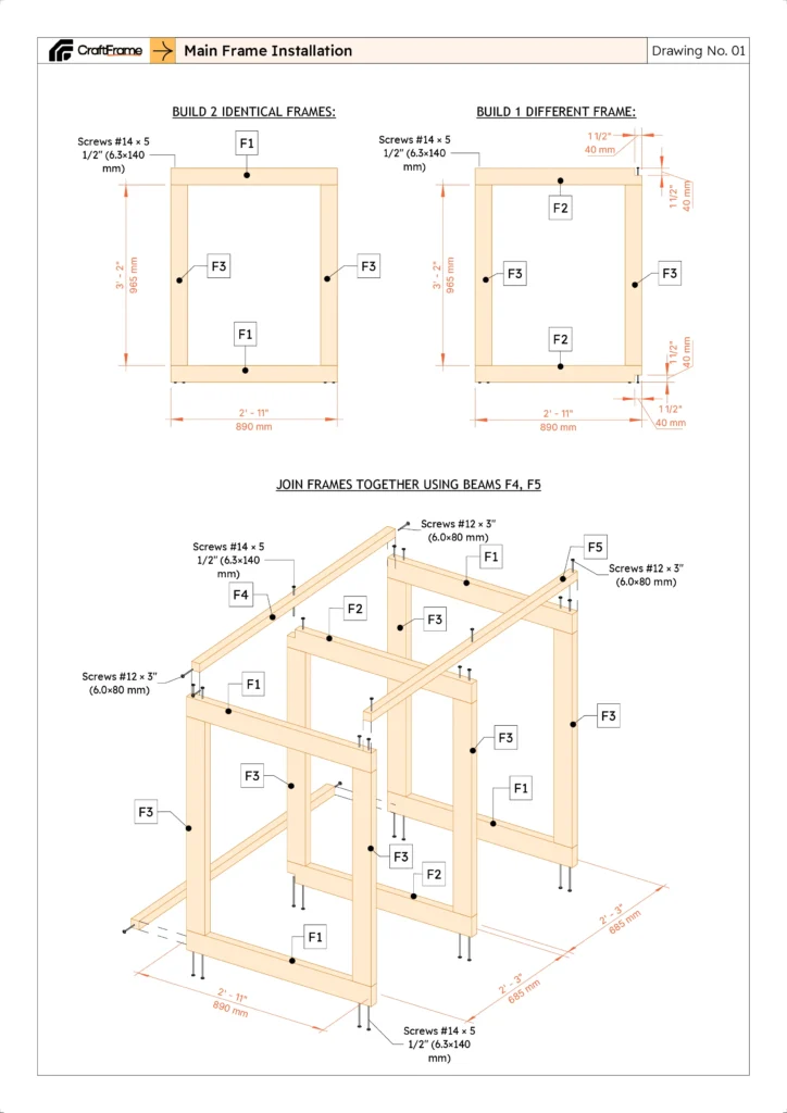 Main frame dimensions from DIY trash can enclosure plans